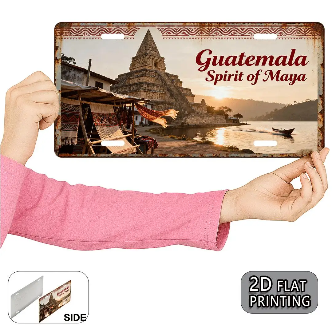 2D Flat, 2D Flat Printing, 1pc, Vintage Metal Aluminum License Plate from Guatemala Maya, Decorative Sign (12.0X6.0inch), Cultur