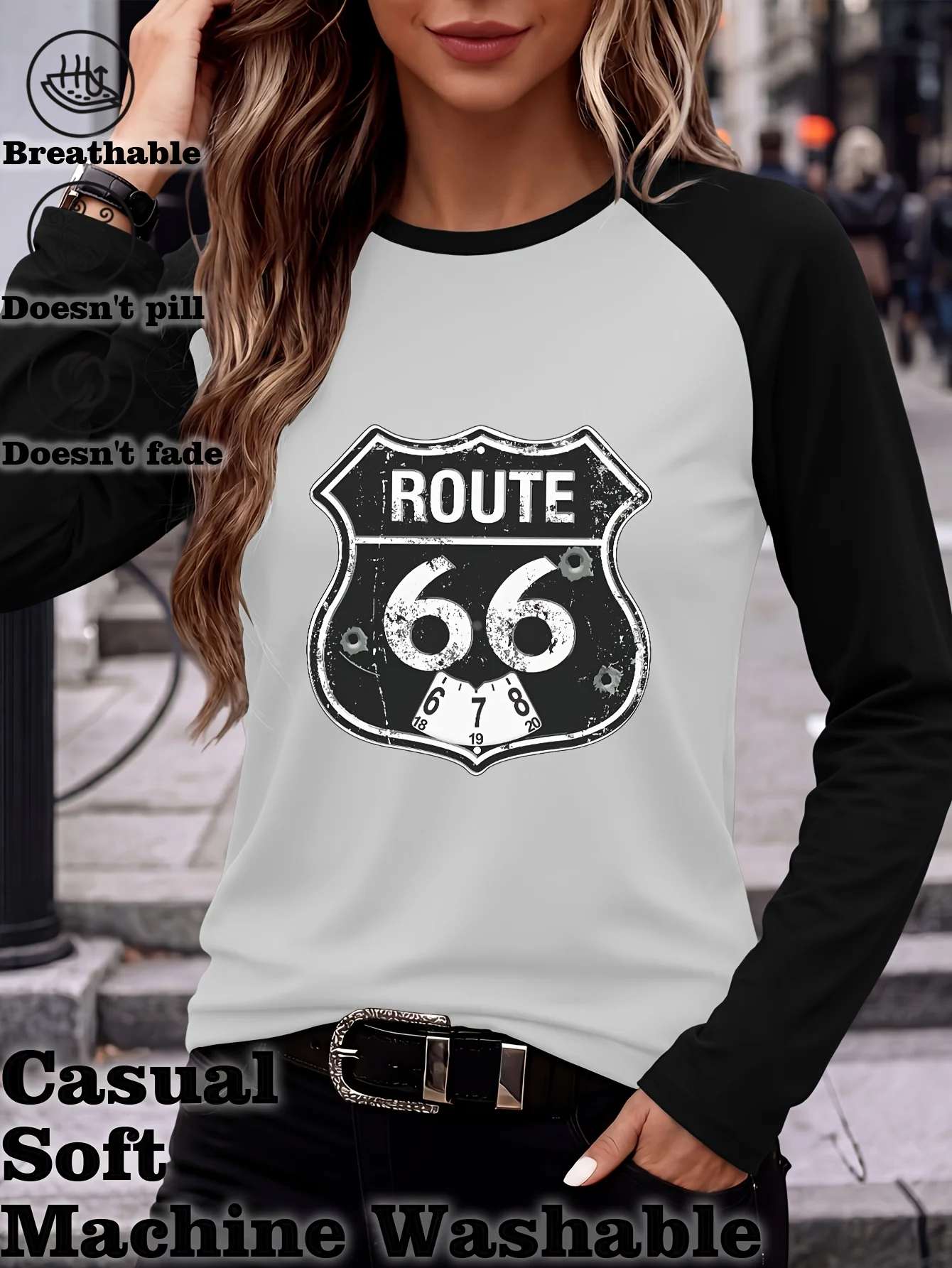 Women's Vintage Route 66 Road Sign T-Shirt with Bullet Hole Clock Print Retro Americana Raglan Long Sleeve Tops Clothes Femme