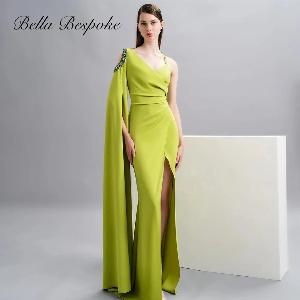 

Green Long Sleeves Bespoke Occasion Gown Evening Dresses Prom Pastrol Unisex Jersey Retro Dubai Saudi Arabic Slit Customized