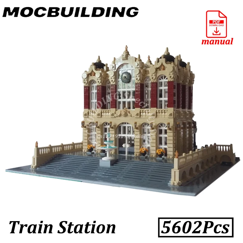 

Железнодорожный вокзал, вид на улицу, железная дорога, центральная станция, MOC, строительные блоки, кирпичи, строительные игрушки, подарки на Рождество