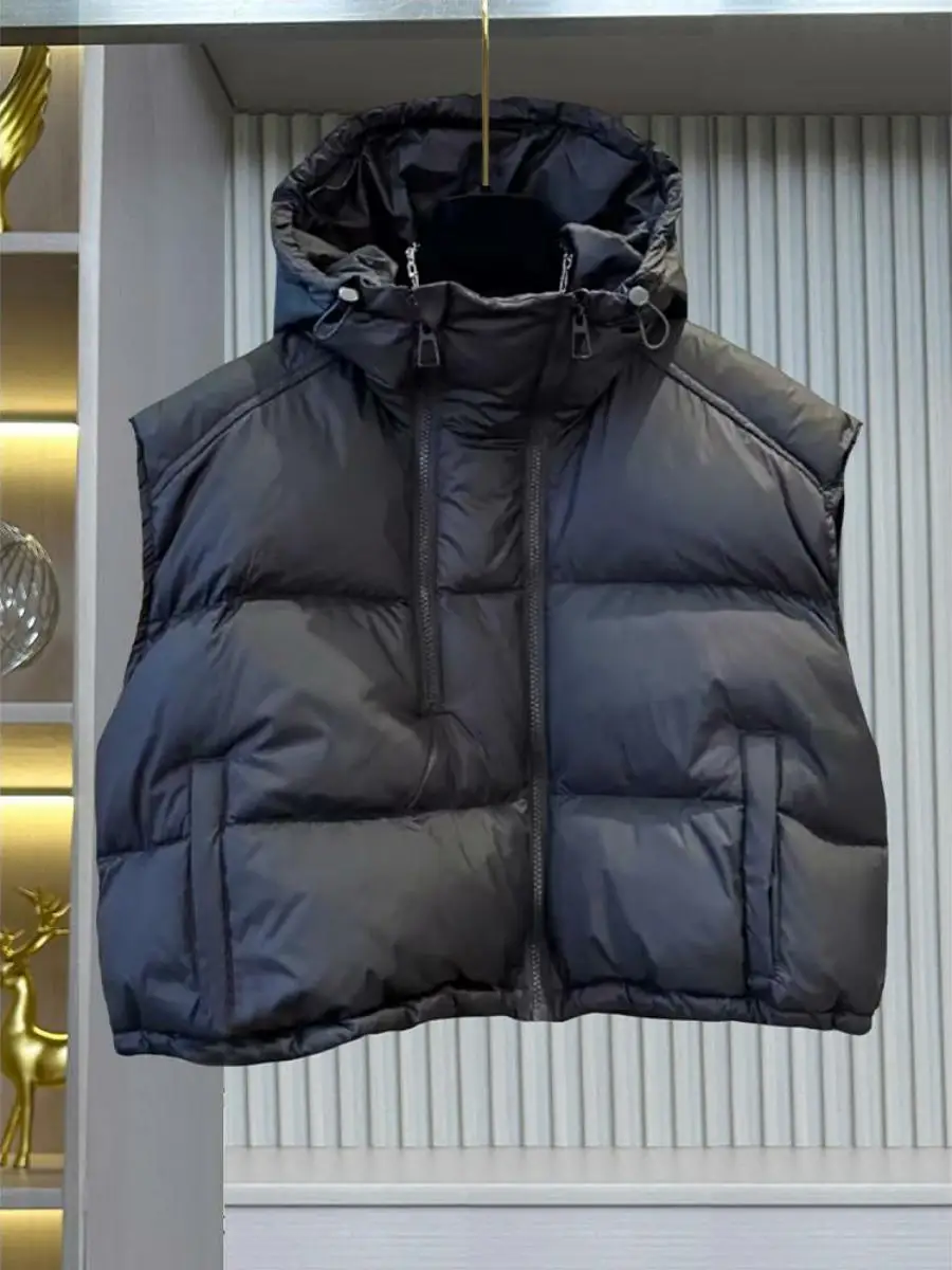 Women's Fashionable Double Zipper Hooded down Vest White Duck Feather Multi-Purpose Autumn Winter Short Style Polyester Fiber