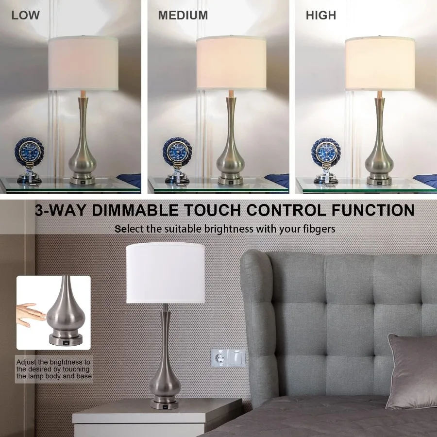 مجموعة مصابيح طاولة حديثة كبيرة مقاس 30 بوصة مكونة من 2 لغرفة المعيشة وغرفة النوم مع منفذ شحن USB ومنضدة من الفولاذ المصقول قابلة للتعتيم بثلاثة اتجاهات