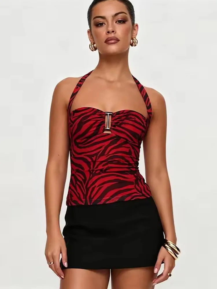 Women Summer Halter Tank Top Obsession Horror Movie Inspired Cosplay Costume Trendy ZebraStripe Print Sexy Sleeveless Crop Top