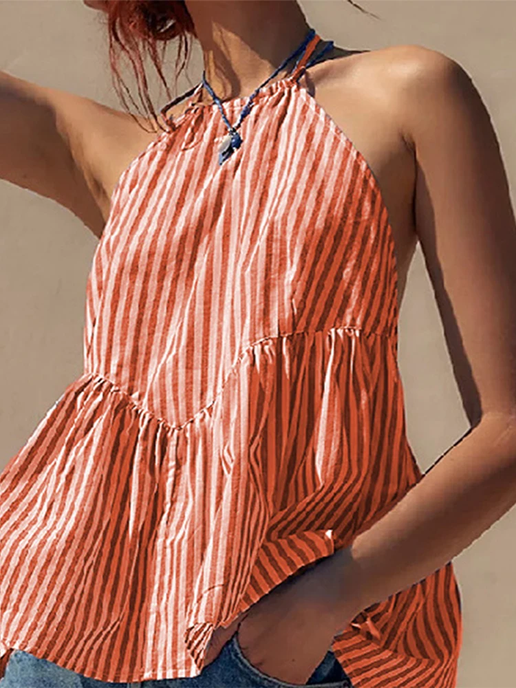 Sexy Stripe Halter Vest Women 2024 Summer Sexy Lace Up Backless Sleeveless Female Shirt Casual Loose All-match Holiday Beachwear