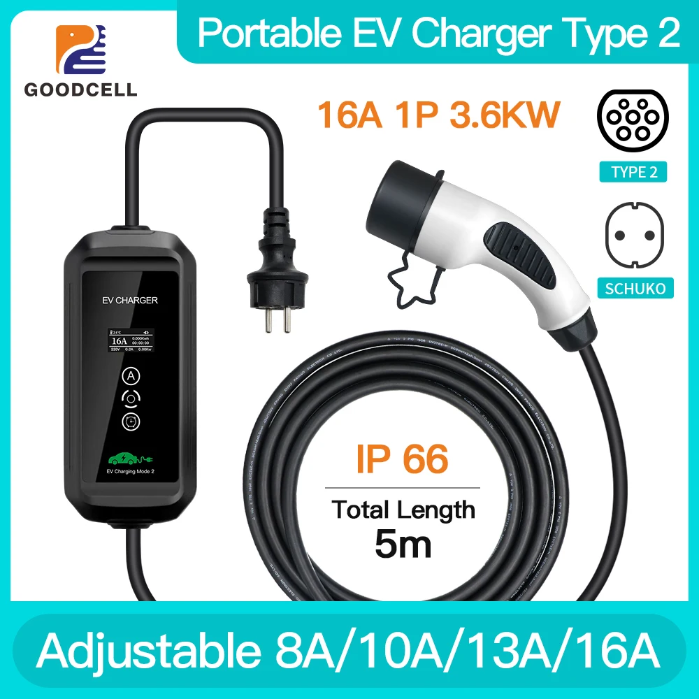 Type 2 EV Charger Level 2 16A 3.6KW Portable Electric Vehicle Car Home Charging IEC 62196-2 Schuko Plug 230V for Zoe Renault