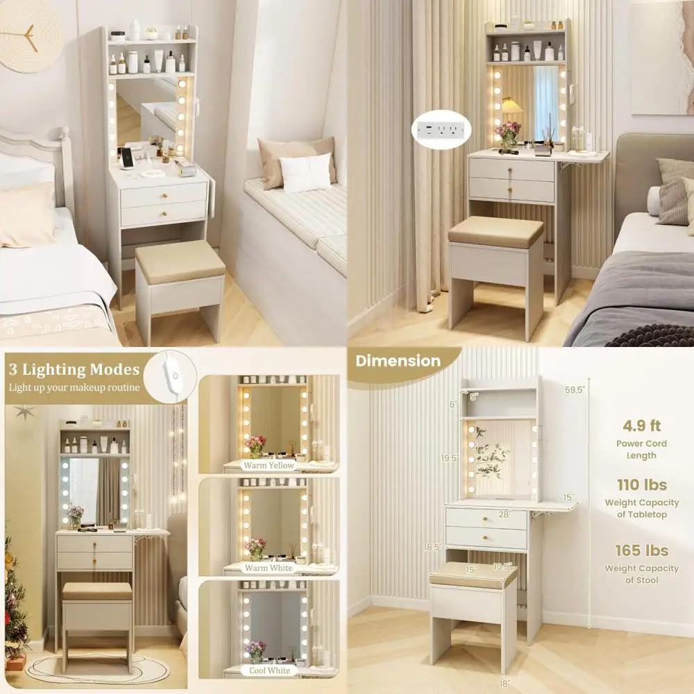 Lighted Makeup Vanity Desk with Charging Station, Drawers, and Foldable Side Tab for Small Spaces