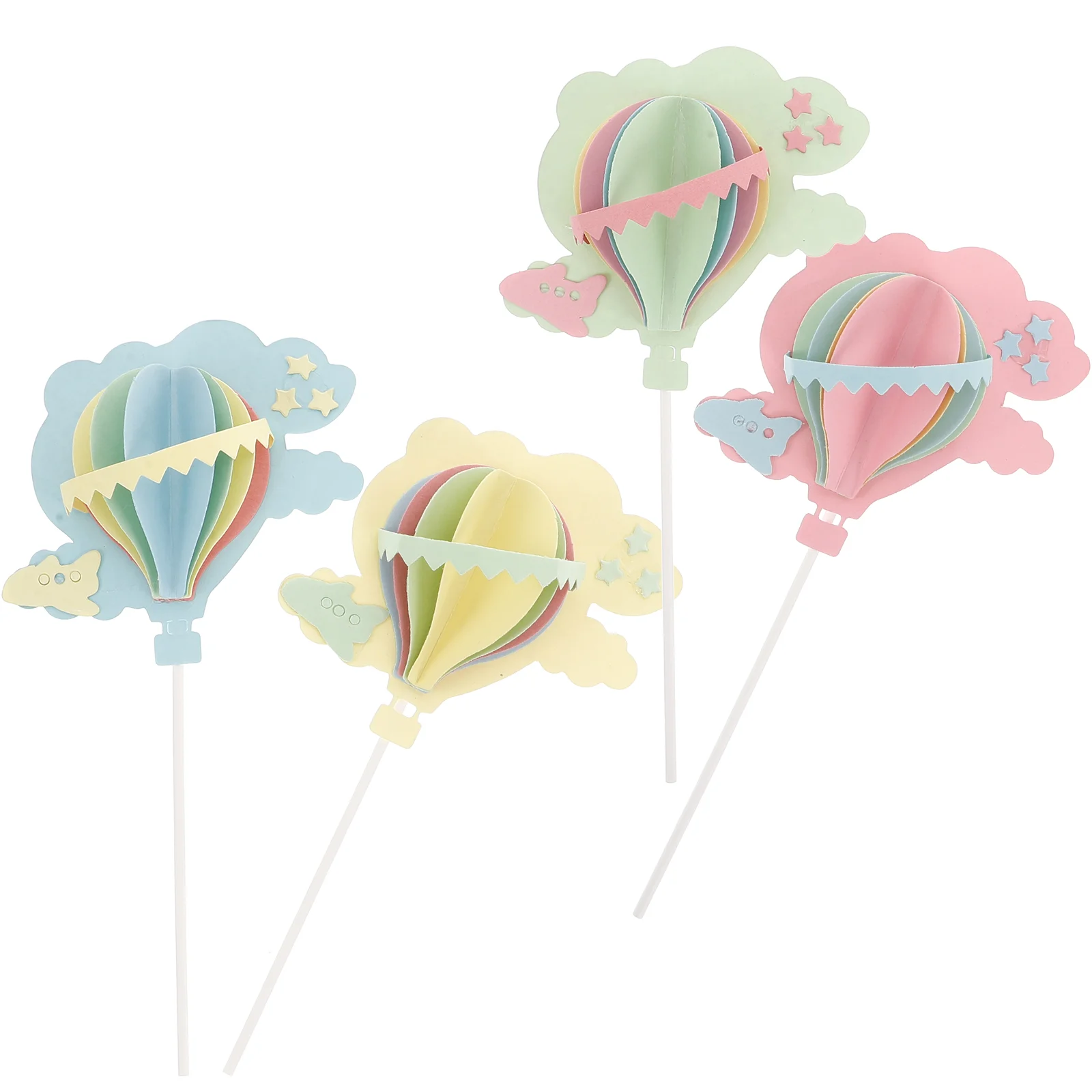 4 stuks 3D Wolken Heteluchtballonnen Cake Topper Party Cake Pick Cake Decoraties (Blauw, Roze, geel, Groen)