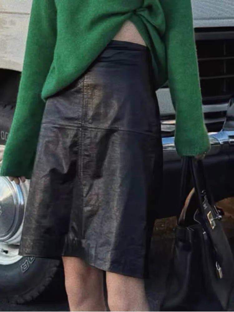 

Faionable Oil Wax Leather High Waist A-Line Skirt Women's Slim Fit One Step Skirt Sli f-length Skirt