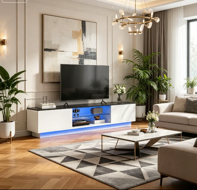 Rosahqnda TV-Schrank für Fernseher bis zu 65 Zoll mit LED-Beleuchtung TV-Gaming-Unterhaltungscenter, TV-Lowboard mit Regalen für Wohnzimmer, Schlafzimmer