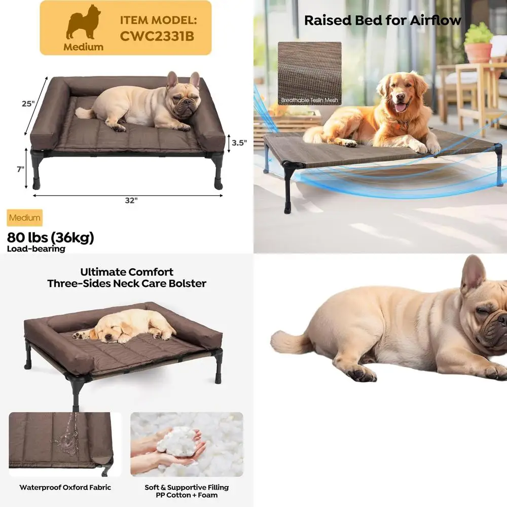 

Elevated Dog Bed with Removable Waterproof Bolster, Breathable Mesh, Non-Slip Feet, Suitable for Indoor/Outdoor Use, Medium, Bro