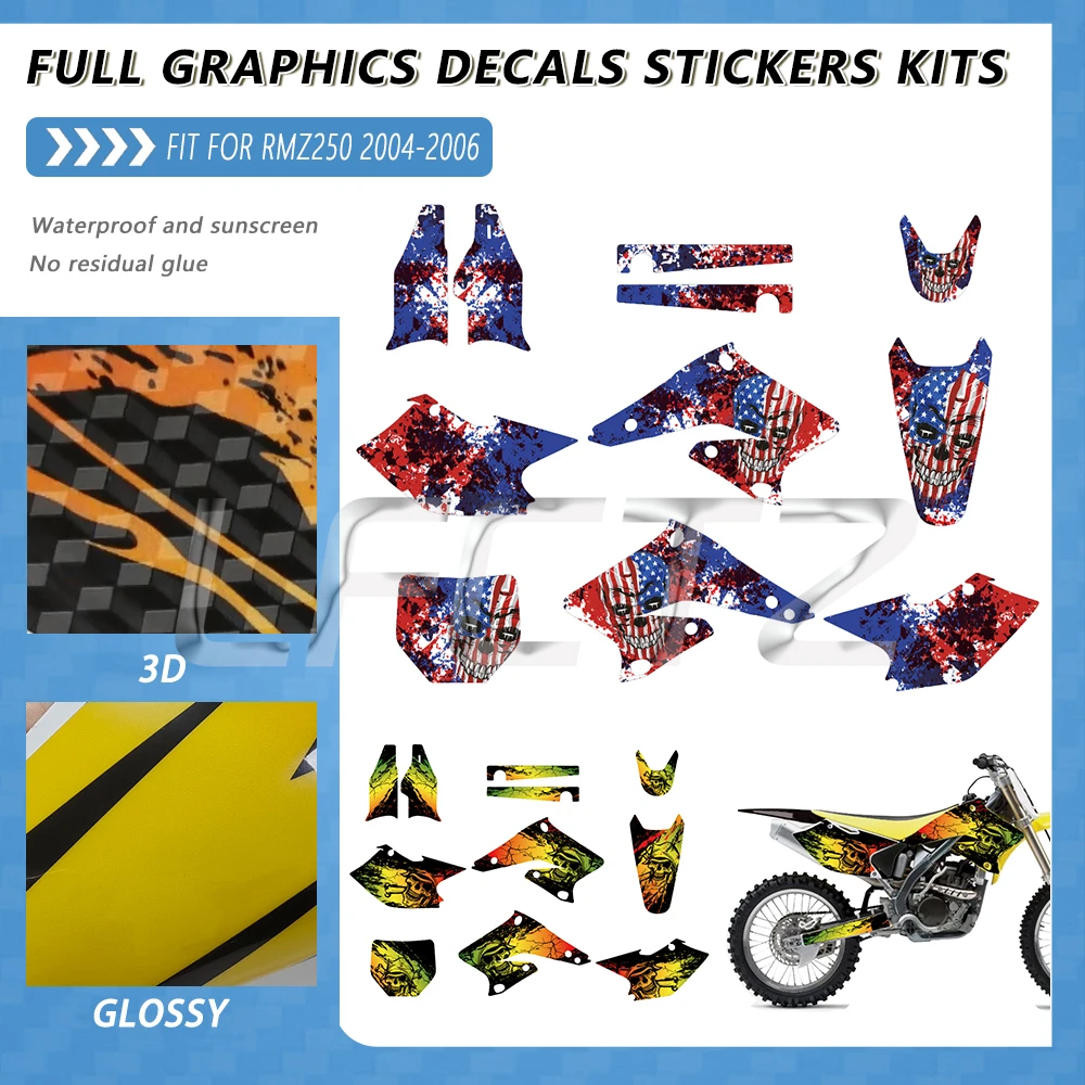 New Style Full Graphics Decals Stickers Kits Fit for Suzuki RMZ250 RMZ 250 2004 2005 2006 Motorcycle Background Custom Number