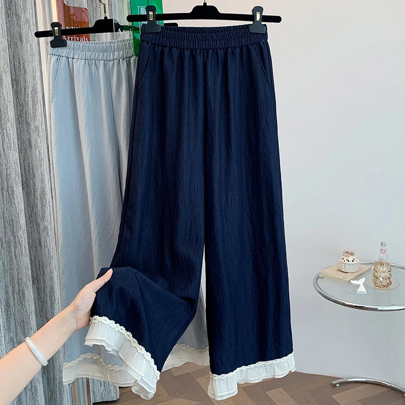 بنطلون نسائي واسع الساق بخصر مرتفع، تصميم جديد لصيف 2023، مريح وفضفاض من مزيج القطن مع كشكشة