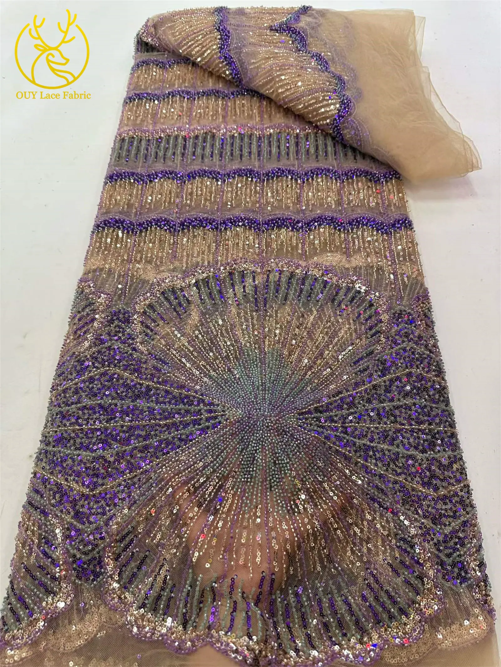 Luxuriöser Gold-Lila Afrikanischer Perlen-Pailletten-Spitzenstoff 5 Yards Exquisiter Französischer Nigerianischer Tüll-Spitzenstoff für Abendkleider und Hochzeitskleider – Detail 12