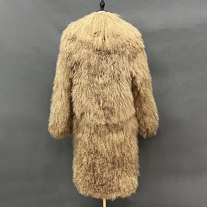 Customized Size Genuine Mongolian Fur Wool Trench Long Coat Lady Men Autumn Winter Long Outerwear S6424