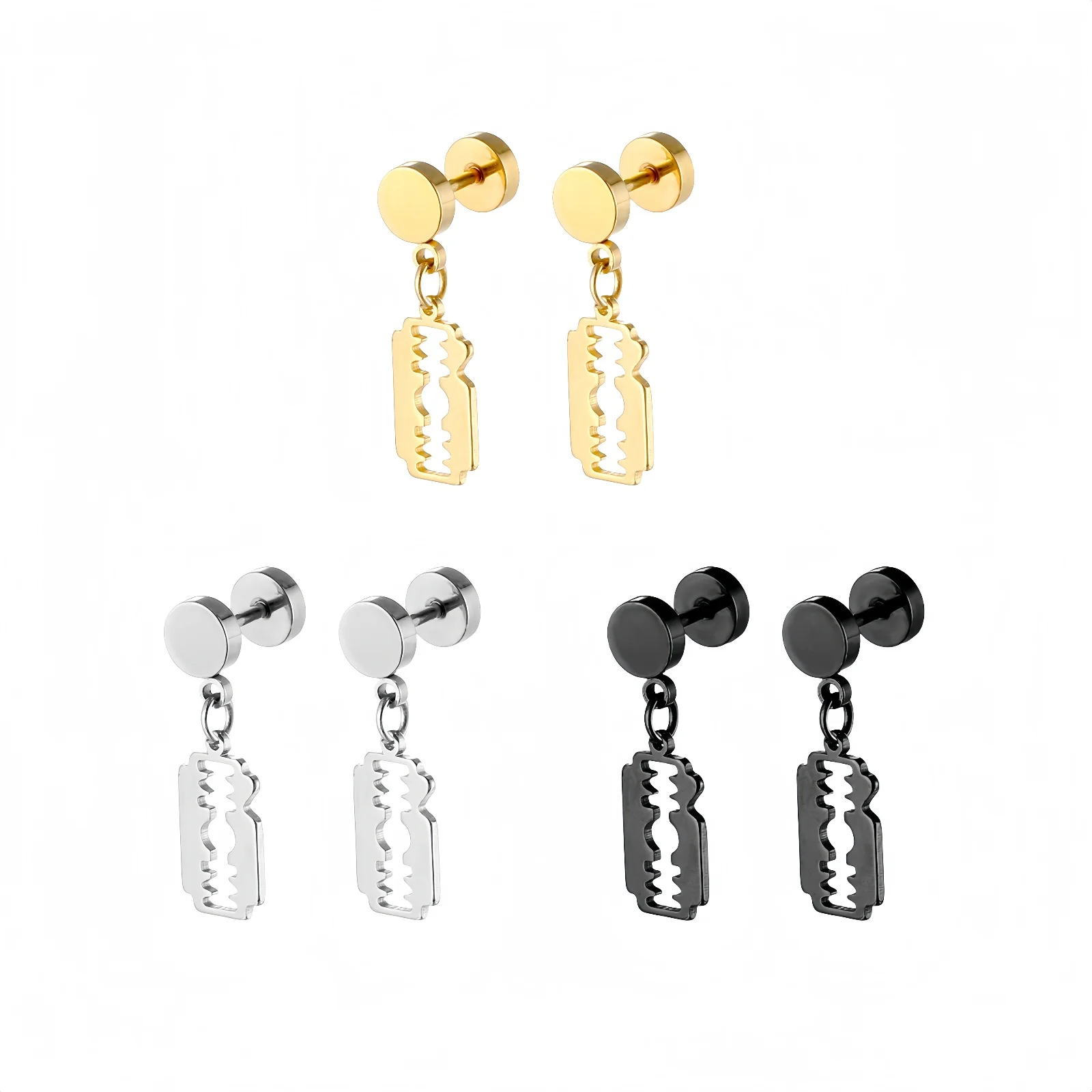 Gothic Style Stainless Steel Stud Earrings With Razor Blade Shape Drop For Men Women Piercing Rock Punk Hip- Hop Fashion Jewelry