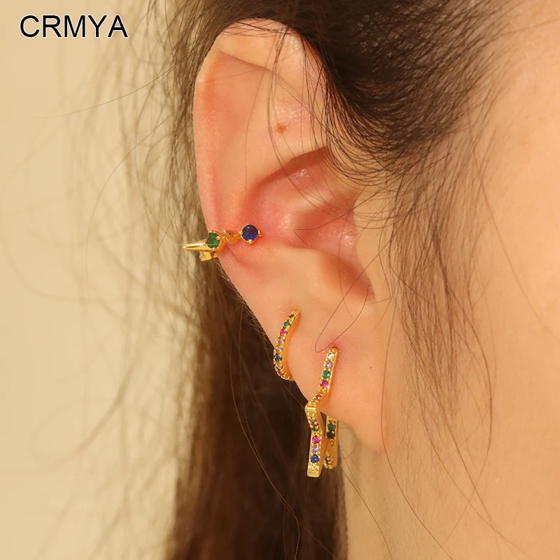 Crmya Multicolored Hoop Earrings for Women Gold-plated Colorful Zirconia Ear Cuff Earring Women Party Jewelry Accessories