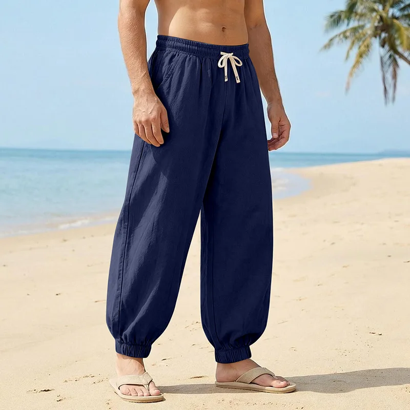 Europäische und amerikanische Freizeithose für Herren: Sommerliche Strand-Leinenhose in Übergröße mit Bündchen am Knöchel – Detail 13