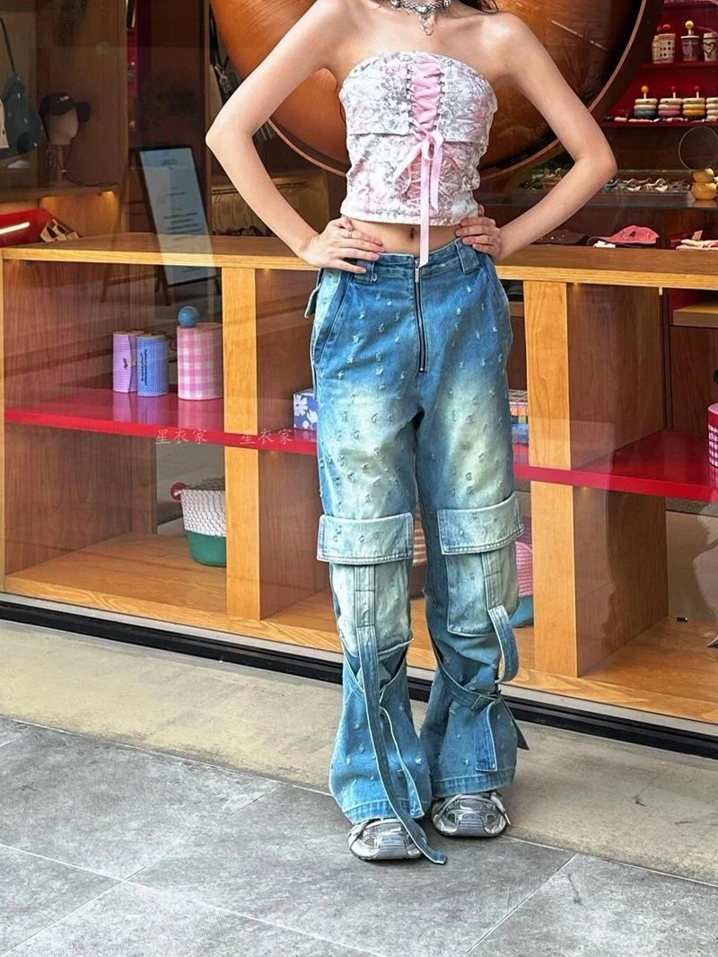 

Retro American Spicy Girl Y2K Millennium Faded Denim Jeans Women's Design Sense Belted Workwear Floor-Length Pants