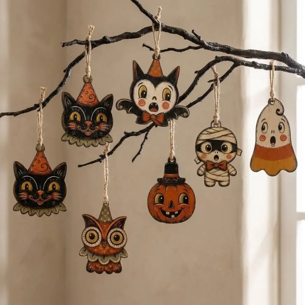 Vintage Style Halloween Pumpkin Ghost Pendant Distressed Painted Trick or Treat Owls Bat Hanging Decoration Cartoon Rustic