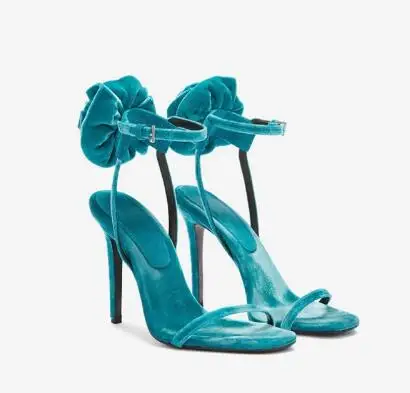 

Sky Blue Velvet Rose Flower Back Decor Sandals Women Round Open Toe One Line Ankle Buckle Strap High Heel Summer Sandals Shoes