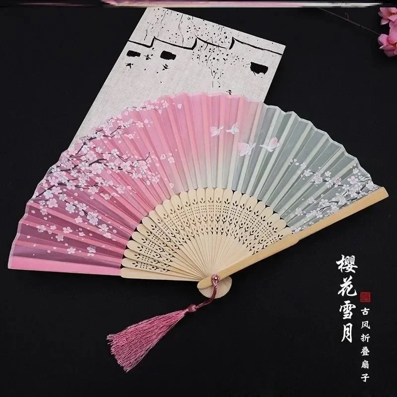 Vintage Silk Folding Fan Chinese Japanese Art Crafts Gift Home Decorations Dance Hand Fan Bamboo Room Decor Wood Fans