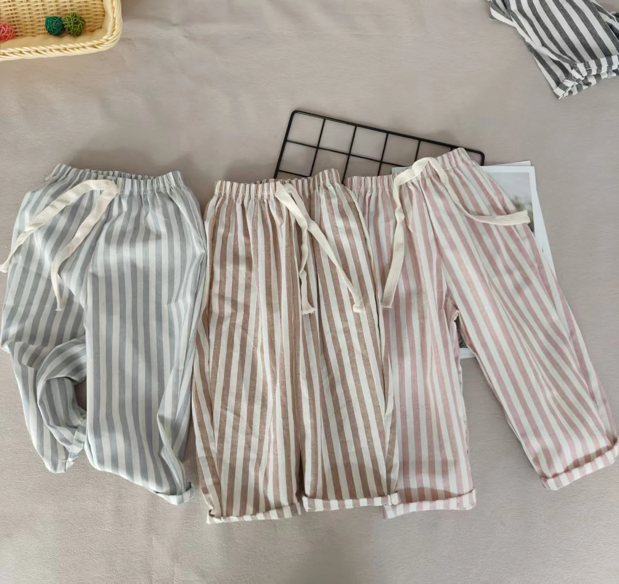 Vintage Minimalist Linen-Cotton Striped Pants for Kids Unisex Elastic Waist Casual Trousers | Toddler Harem Pants