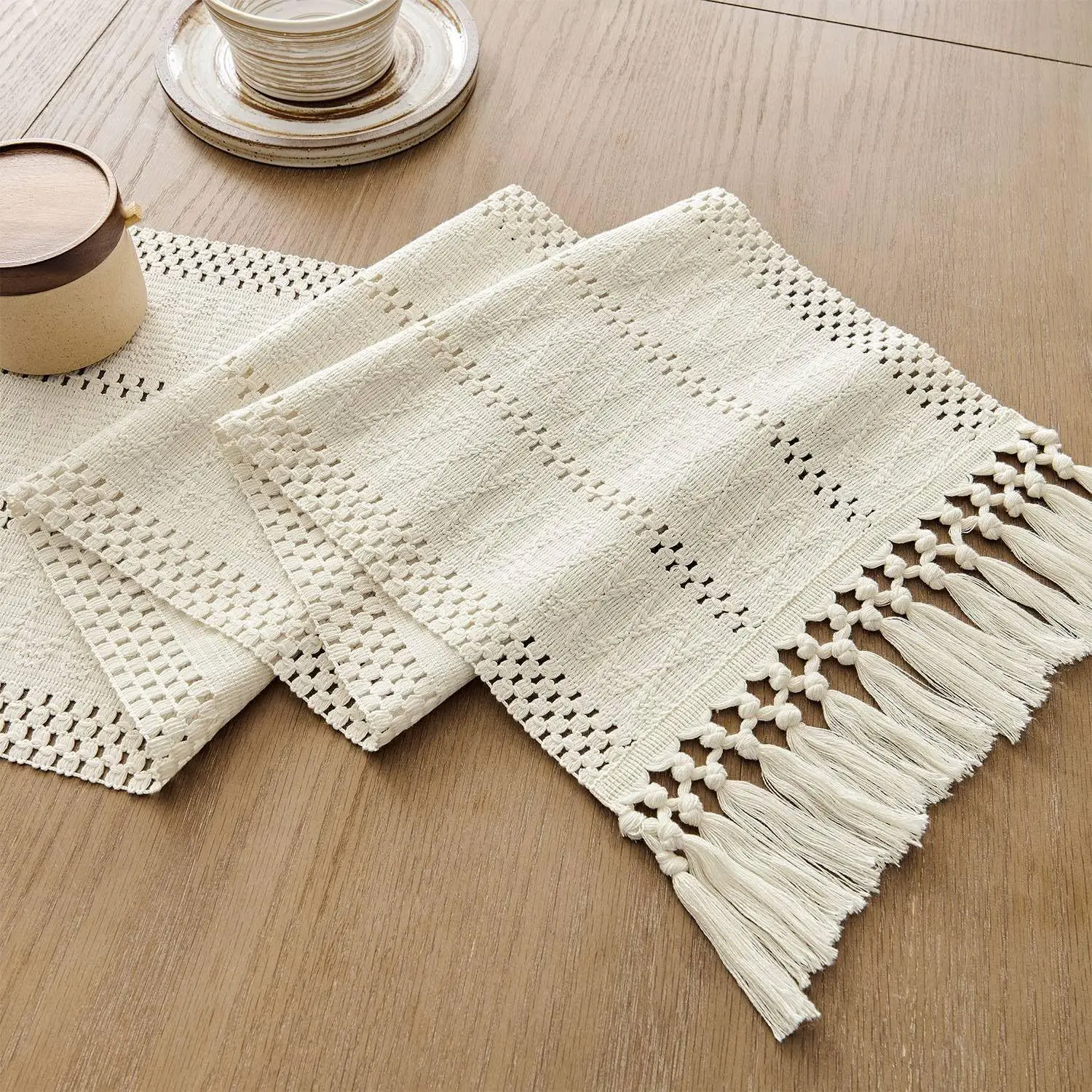 Macrame Style Boho Table Runner, Dresser Runner Cover Top,Ivory Table Runners for Living Room Kitchen Farmhouse Woven Home Decor