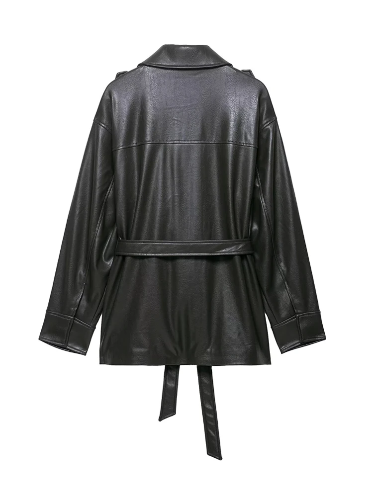 Moda feminina com cinto jaqueta de couro falso casaco manga longa bolsos frontais feminino outerwear chiques topos