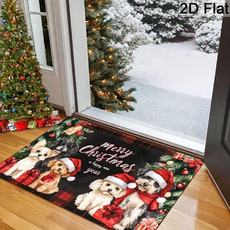VIKAMA Christmas Dogs Doormat Red Plaid Merry Xmas Puppy Welcome Mat Non Slip Absorbent Floor Rug for Front Door Entryway