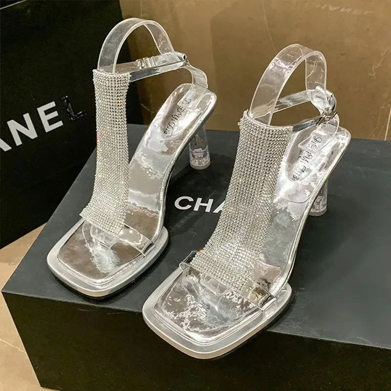 Footwear Transparent Ladies Shoes High Heels Sandals for Women Thick Heel Summer 2023 Rhinestones Block Heeled Pumps Chunky