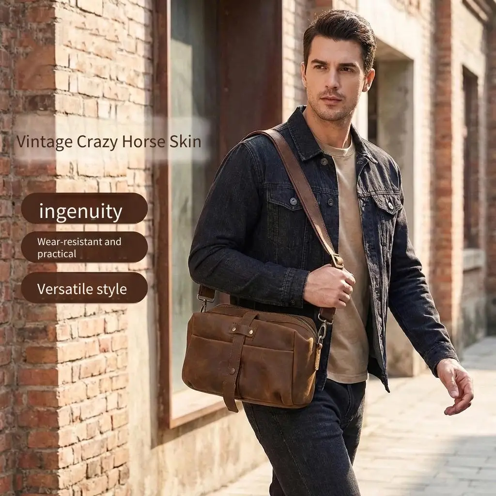 Luxury Vintage Crazy Horse Leather Messenger Bag | Versatile Commuter Crossbody Shoulder Purse | Premium Textured Genuine Leathe