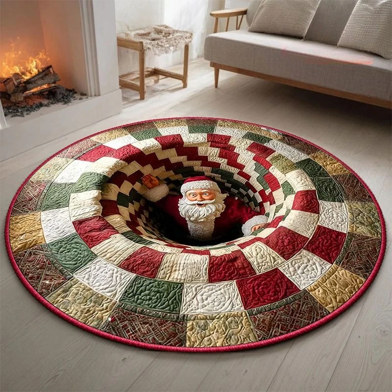 Christmas Round Area Rug Santa Skeleton Gnome Vortex Illusion Pattern Decorative Floor Mat for Living Room Bedroom Home Decor