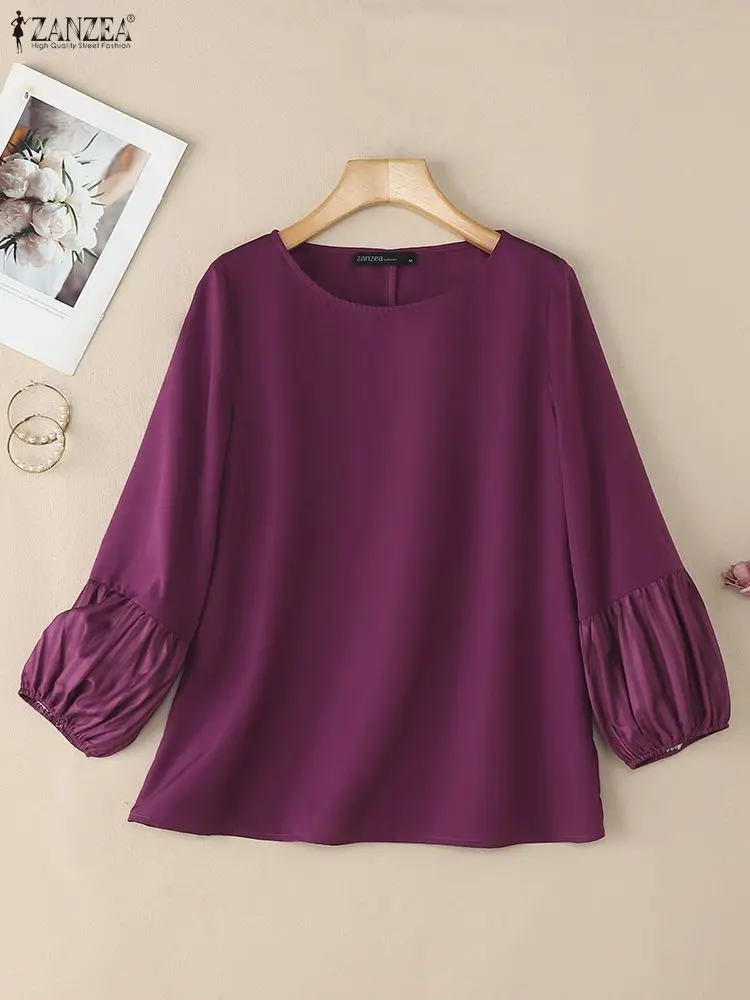 بلوزة خريف 2025 من ZANZEA بلوزات نسائية أنيقة بياقة دائرية وأكمام طويلة بلوزات نسائية للعمل OL قميص فضفاض غير رسمي مُزين بقطع القماش