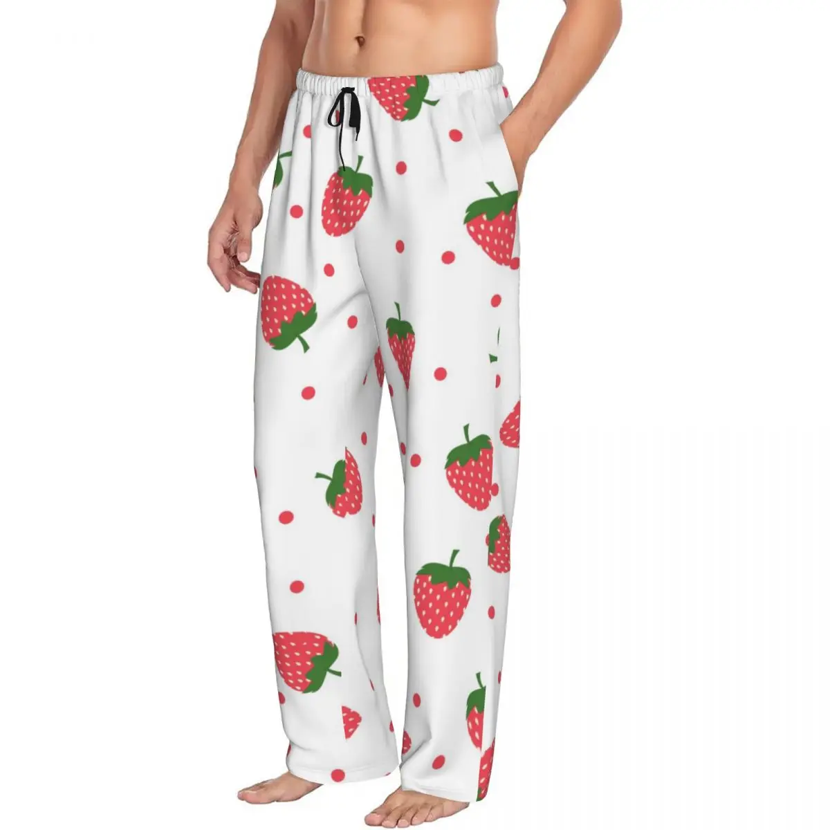 Pantalones de pijama con estampado personalizado para hombre, ropa de dormir con fresas brillantes y puntos, pantalones de dormir con bolsillos