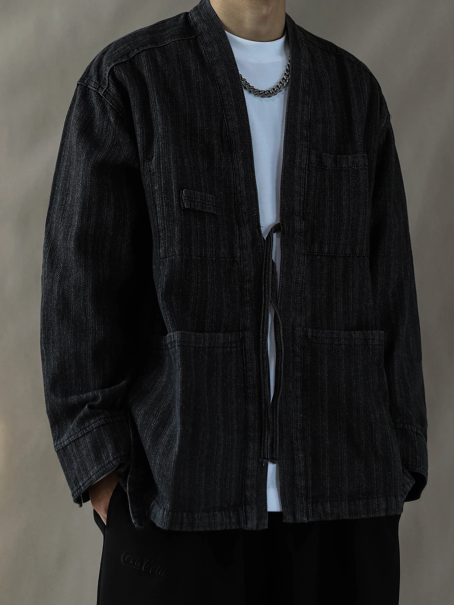 

Retro Striped Jaet Men's Loose Collarl Robe Coat Youth Long Sve Bla Spring Autumn Vintage Sle Zipper Closure