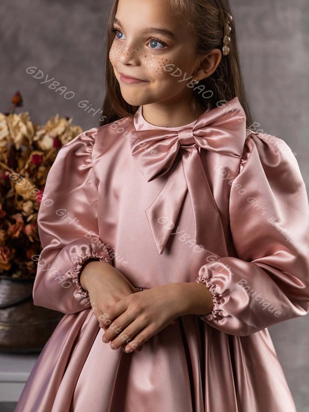 فستان فتاة الزهور من الساتان الوردي للأطفال برقبة دائرية وأكمام طويلة بطول الركبة فستان الأميرة مع فيونكة مخصص لحفلات الزفاف #6