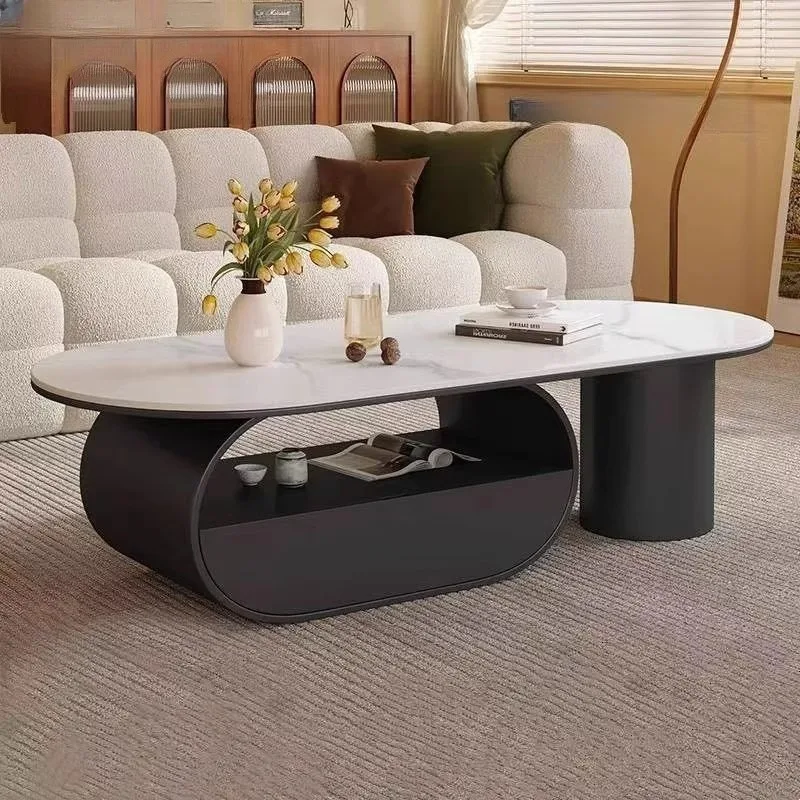 

French oval coffee table living room household small apartment simple modern rock slab tea table light luxury high sense