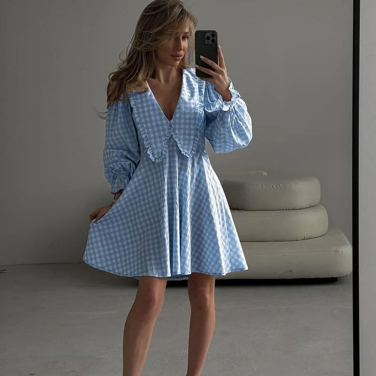 Modisches Peter-Pan-Kragen Langarm-Kleid Lässiges Loses Mini-Kleid Damen Streetwear 2026 Elegantes Rosa Bedrucktes Damenkleid