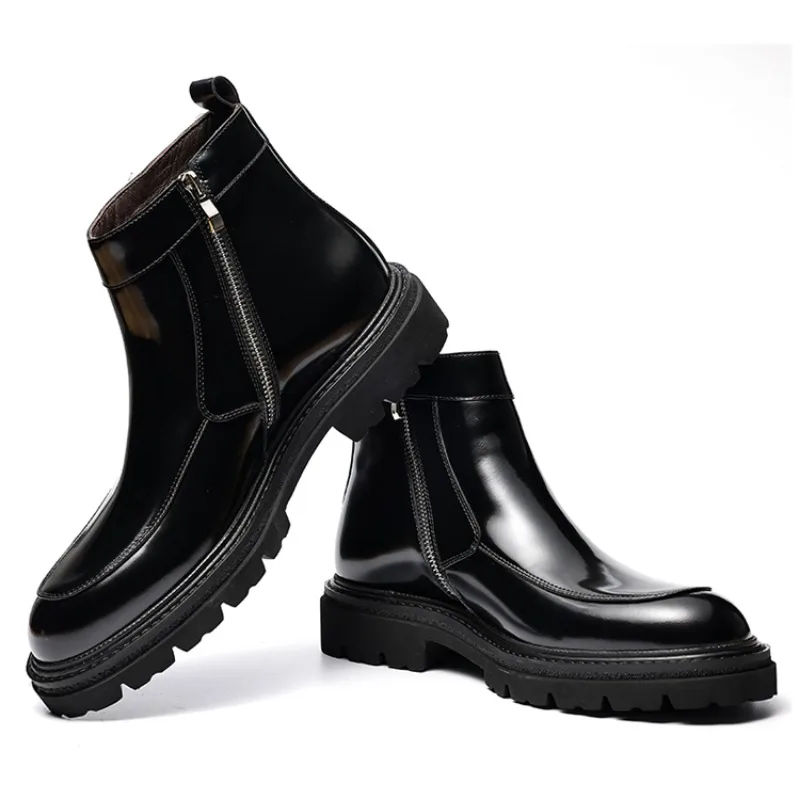 New Black Fashion Ankle Boots Mens  Glossy Chelsea Leather Boots Male Genuine Leather Business High-top Leather Shoes Youth