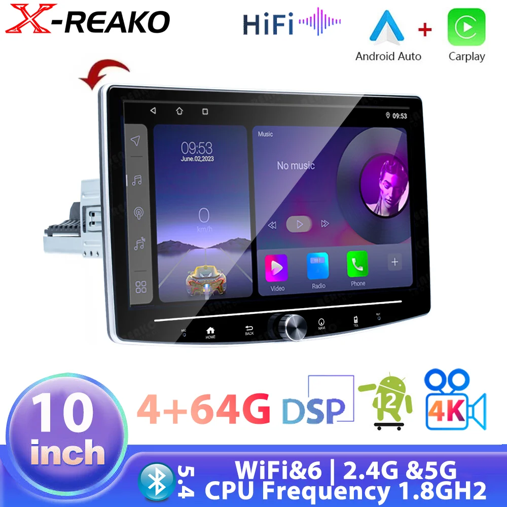 X-REAKO 4+64G P15 1 Din 10\'\' Car Multimedia Player Android 12 Wifi Car Radio GPS Navigation Car Audio Bluetooth5.4 4K Video HIFI