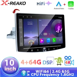 X-REAKO 4+64G P15 1 Din 10'' Car Multimedia Player Android 12 Wifi Car Radio GPS Navigation Car Audio Bluetooth5.4 4K Video HIFI