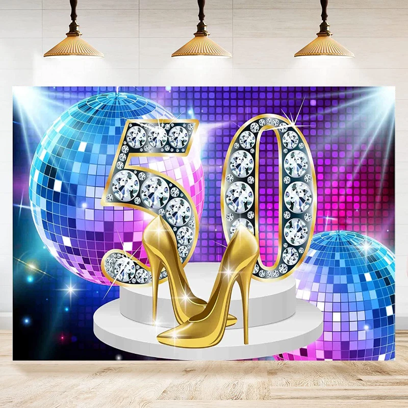 50th Birthday Party Photography Backdrop Women Diamonds Shiny Background Gold High Heels Fifty Years Old Age Cake Table Banner