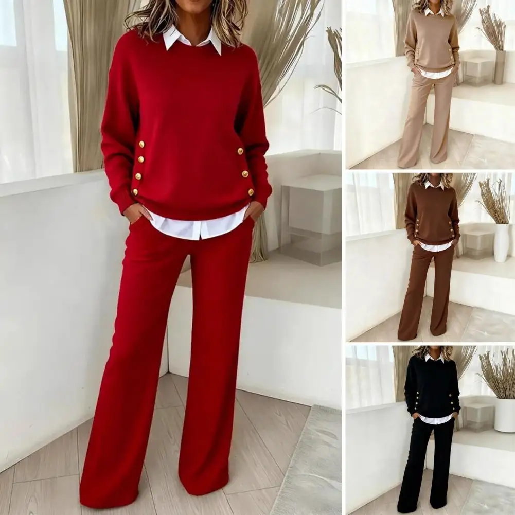 Simple Design Women's Suit 2 Piece Outfit Splicing Fake Two Piece Sweatshirt Wide Leg Pants Set Fall Casual Tracksuit Lounge Set