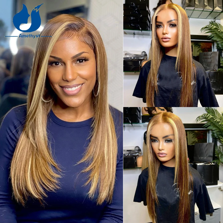 Amethyst Straight Brown Lace Wig with Highlights For Women 13x6 Lace Front Wig Highlight Blonde Layered Pre Plucked Remy Hair