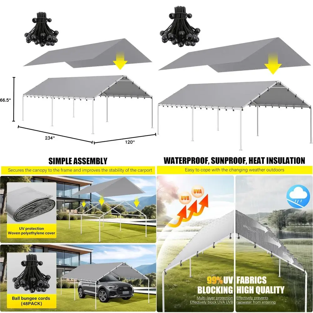 

20 Ft x 10 Ft Waterproof UV-Protected Carport Canopy Cover with 48 Bungee Cords (Tarp Only, No Frame)