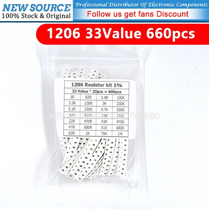 660Pcs Set of Resistors 1206 1% SMD Resistor Assorted Kit 1R - 1M Ohm 33 valuesX 20pcs Resistance Sample 3.3/5.1/10/22/47/62 R K