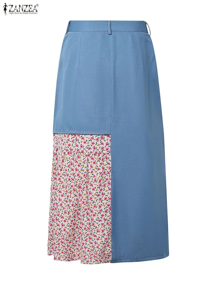 ZANZEA نساء موضة تنانير طويلة 2025 الخريف الدنيم الأزهار طباعة المرقعة التنانير الطويلة عادية فضفاض أنيق OL Jupes Faldas Saia #5
