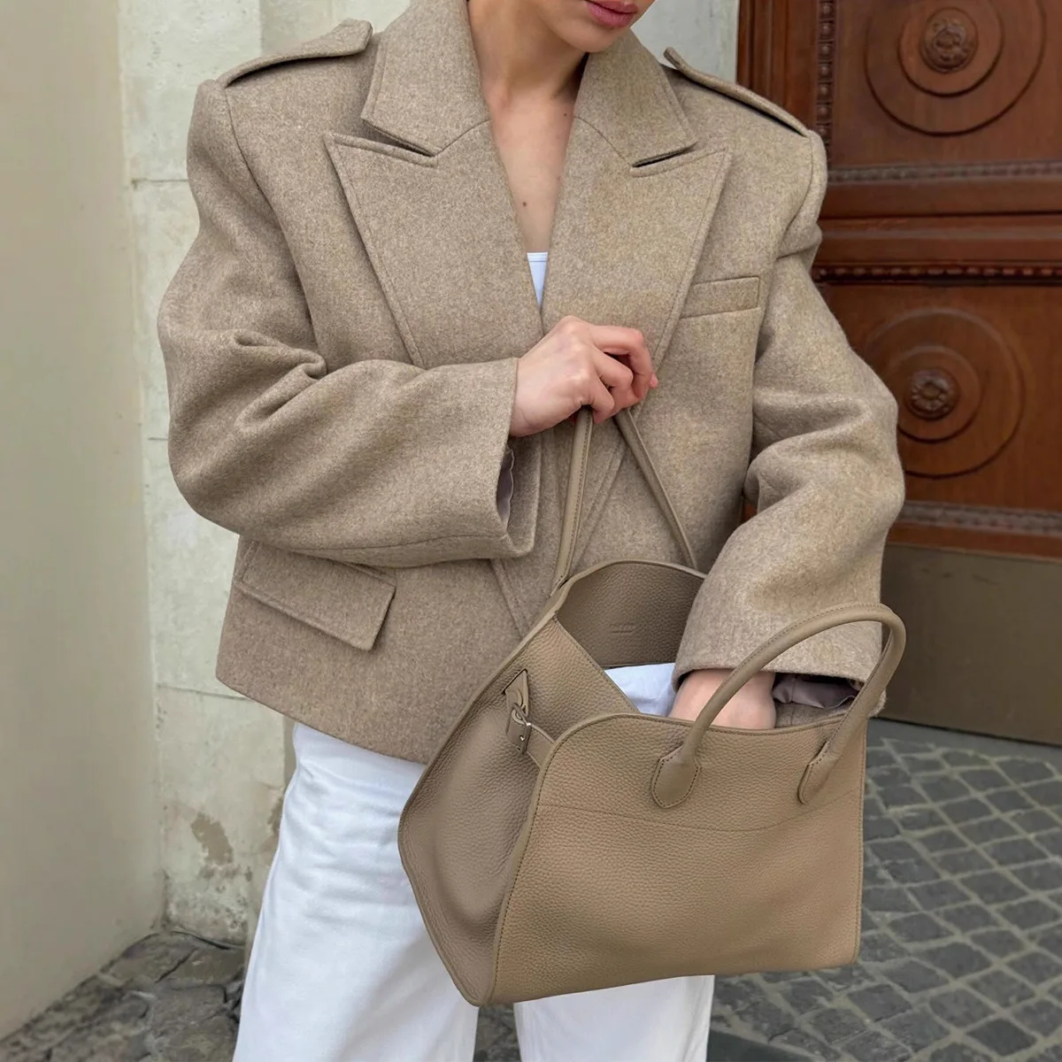 Women Wool Coat Autumn Winter  Loose Fit Notch Lapel Suit Style Epaulet Casual Outerwear