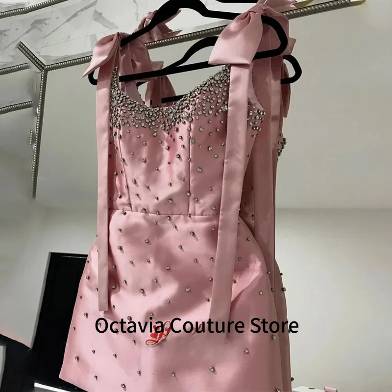 

Elegant Baby Pink Mini Homecoming Dress Pearl Beaded Bow Strap vestidos de fiesta Sleeveless Short Customized Plus