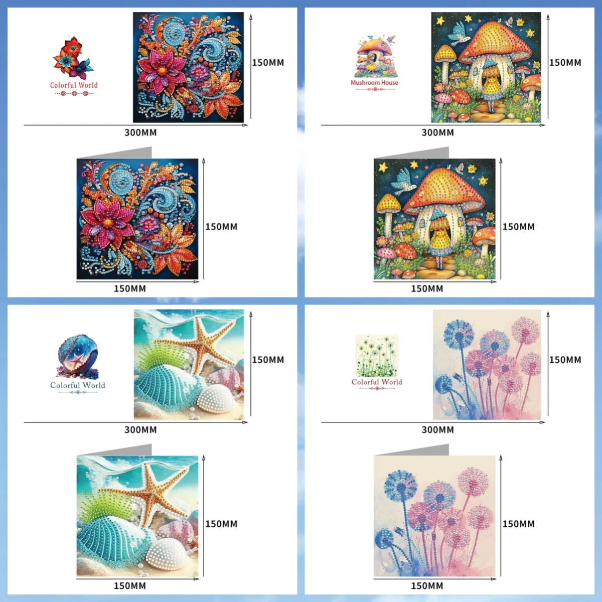 6-Piece Diamond Painting set, greeting card, flower, shell Pattern, paper material, Handwritten Blessing card, birthday gift